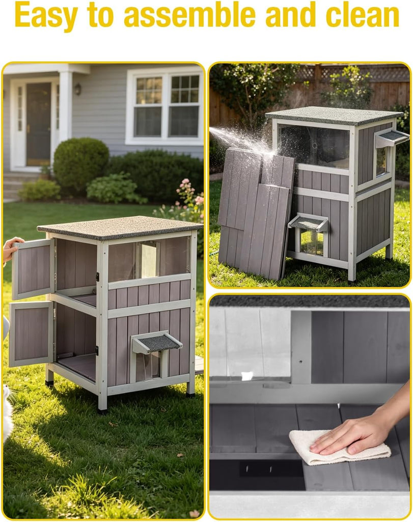 2-Story Heated Cat House Outdoor Indoor Solid Wood Kitty Condo