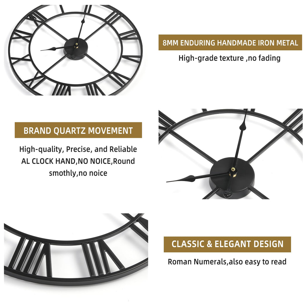 Large Wall Clock Decor - 60cm/ 24 Inches Silent Non-Ticking Metal Wall Clocks Battery Operated, Vintage Decorative