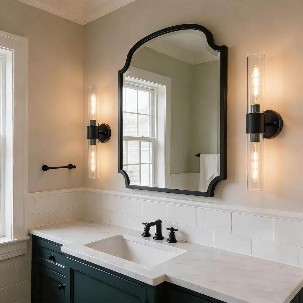 22" Matte Black Wall Lamps,Bathroom Sconces Set of 2 | Industrial Glass Vanity Light, E26 Base,Modern Glass Wall