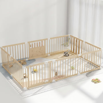 Wooden Baby Playpen with Child Safety Lock, 94x64 Inch Large Playpen for Babies and Toddlers Indoor Foldable Play Pen