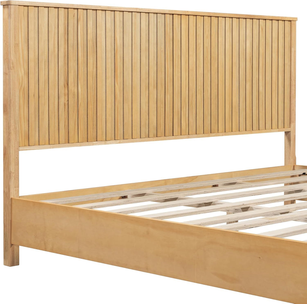 Queen Size Bed Frame with Reeded Headboard, Natural Wood Platform Bed Frame with Sturdy Wooden Support Slats, No Box