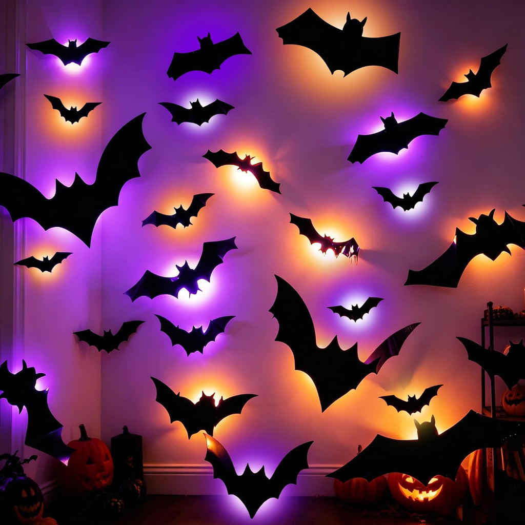 Halloween Bats Stickers with 60 Purple and Orange Lights, Lighted 3D Bat Wall Stickers, Halloween Decorations - Set of 100