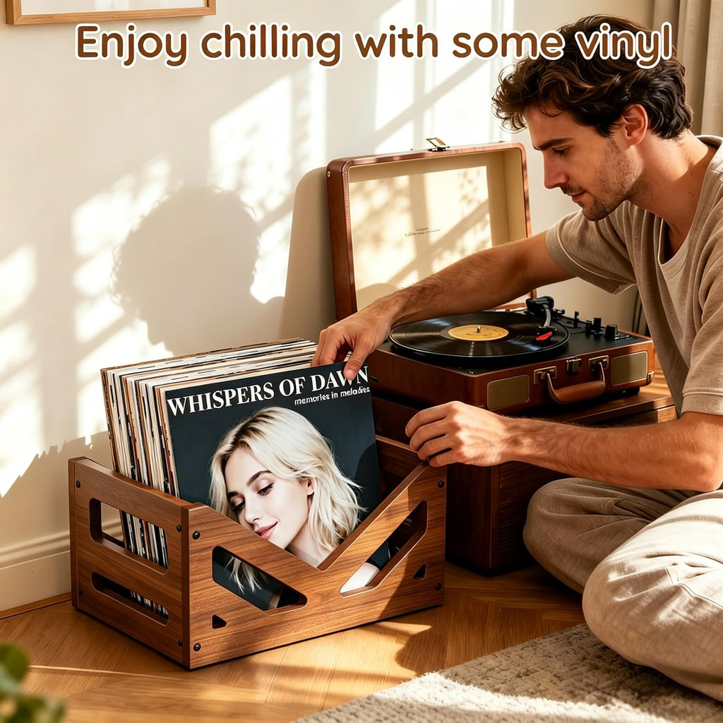 Solid Wood Vinyl Record Storage Crate 45+ V-Shaped Album Holder