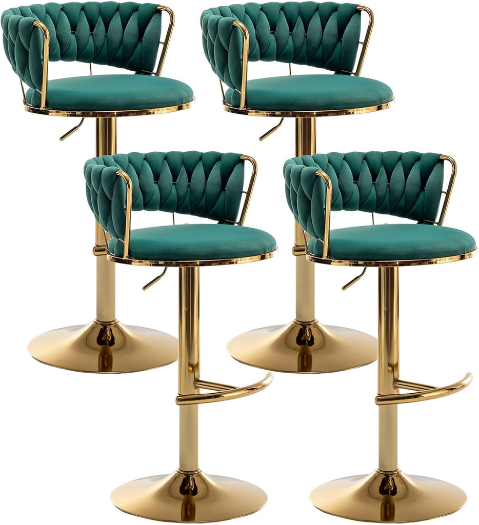 Gold Bar Stools Set of 4, Counter Height Bar Stools with Low Back, Velvet Adjustable Height Barstools, 360° Swivel