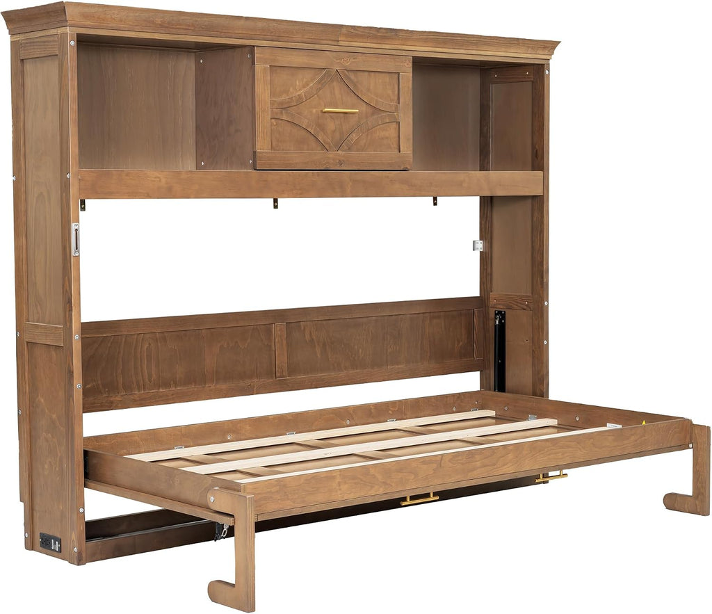Farmhouse Wood Murphy Bed with Charging Station, Modern Wall Bed with Top Cabinet & Drawer, No Box Spring