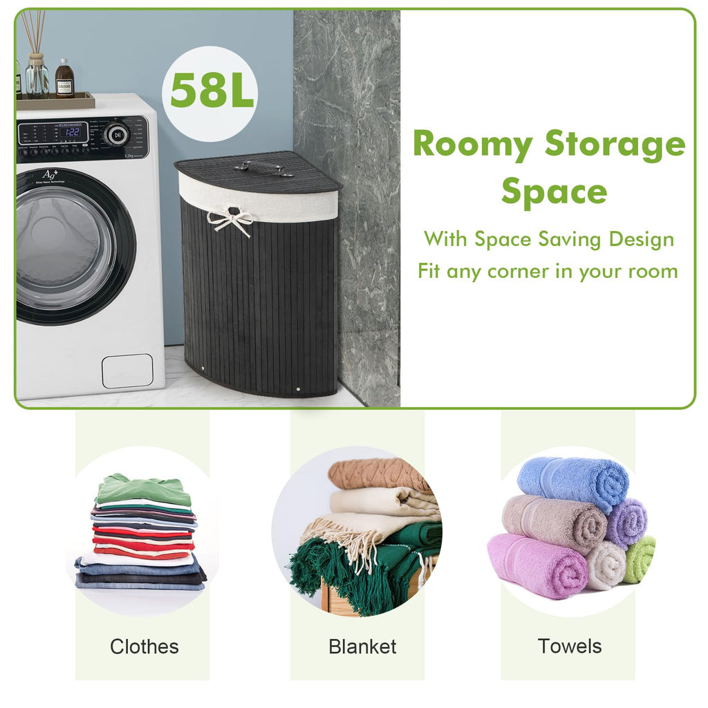 58 L Corner Laundry Hamper with Lid, Removable Liner & Handle Black
