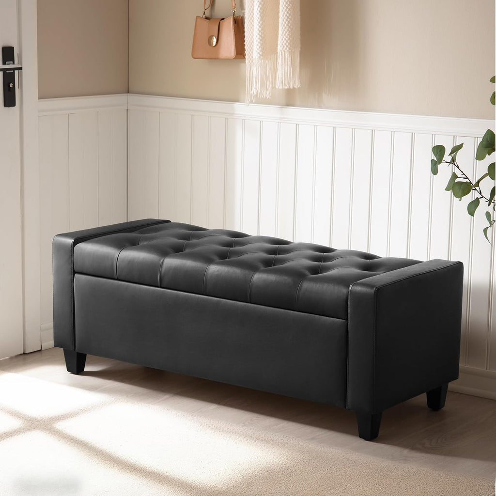 Ottoman with Storage, PU Leather Storage Ottoman Bench | Storage Bench with Safety Hinge,Bedroom Benches with Seating