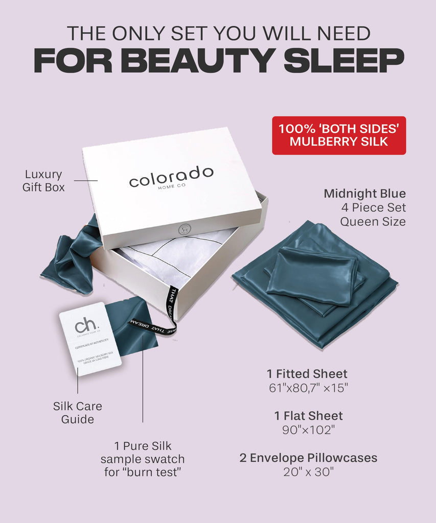 100 Percent Pure Mulberry Silk Sheets Queen Size, 22 Momme Real Silk Bed Sheet Set, 4 Piece Midnight Blue