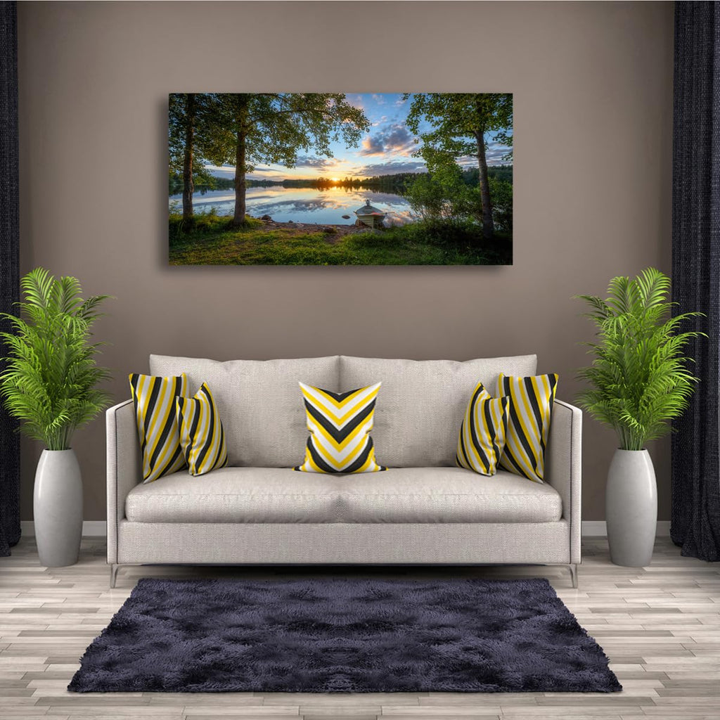 Tree Canvas Wall Art of a Sunrise Over a Forest Lake 20x40inches Nature Inspired Painting Perfect for Wall Decoration