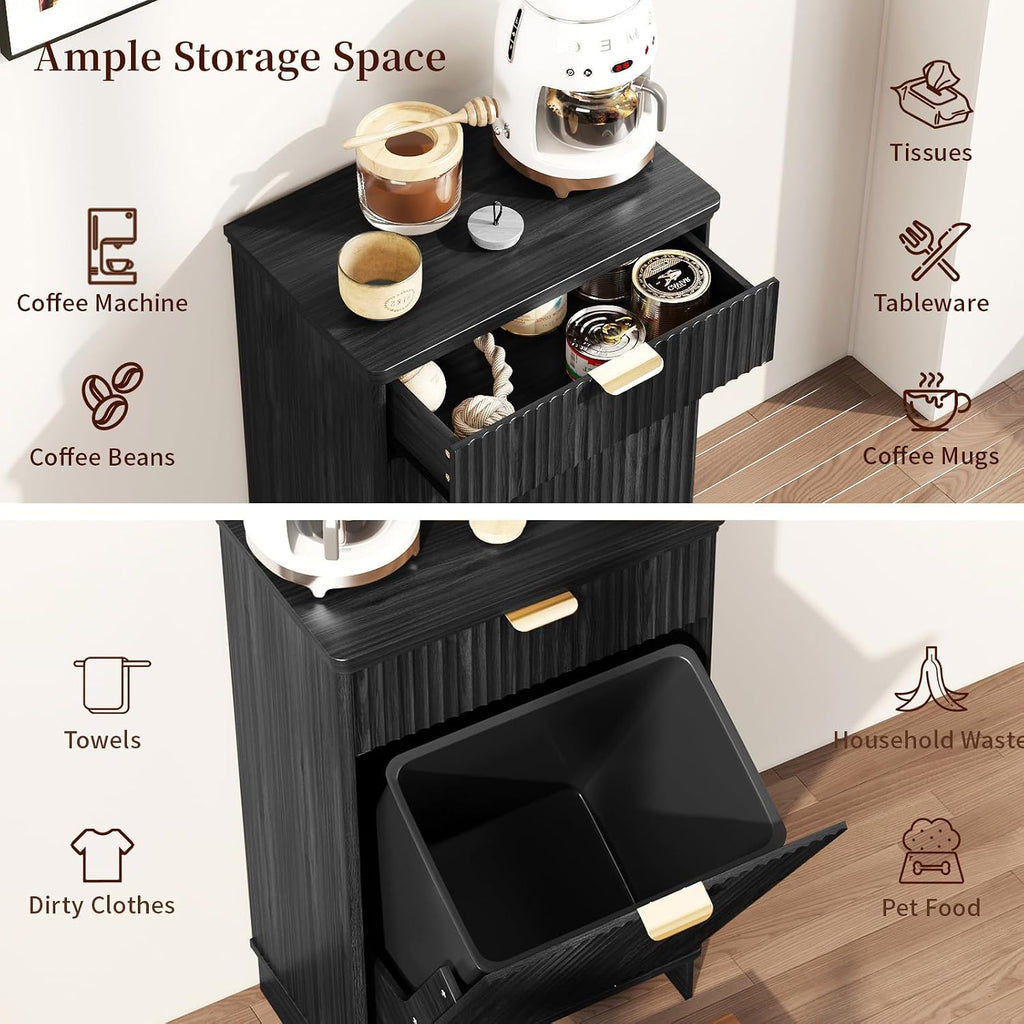 Tilt-Out Trash Cabinet with Dog Feeding Station, Pet Food Storage, Black