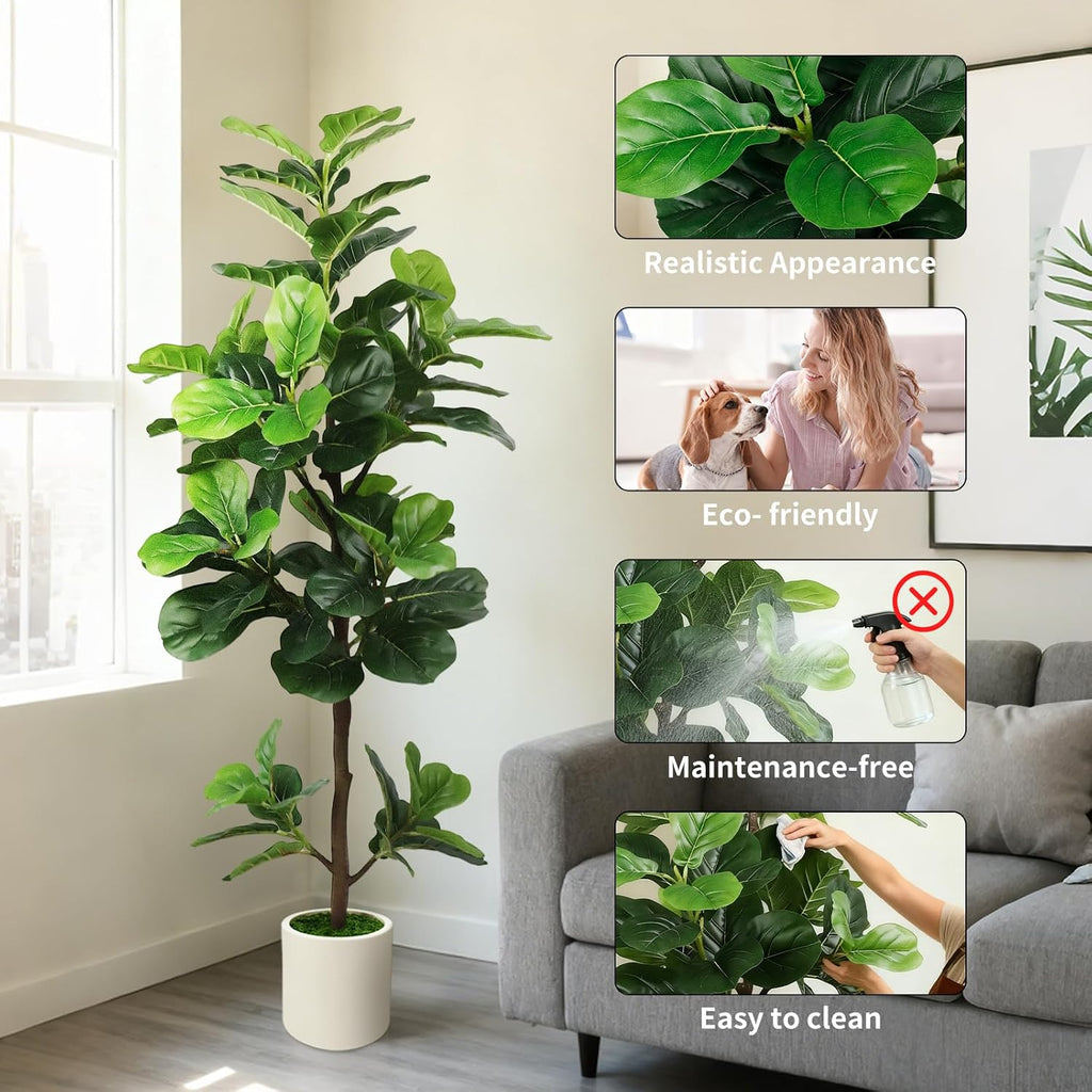 5FT Artificial Fiddle Leaf Fig Tree with White Planter & Fake Moss, Realistic Faux Ficus Lyrata Floor Plant Home