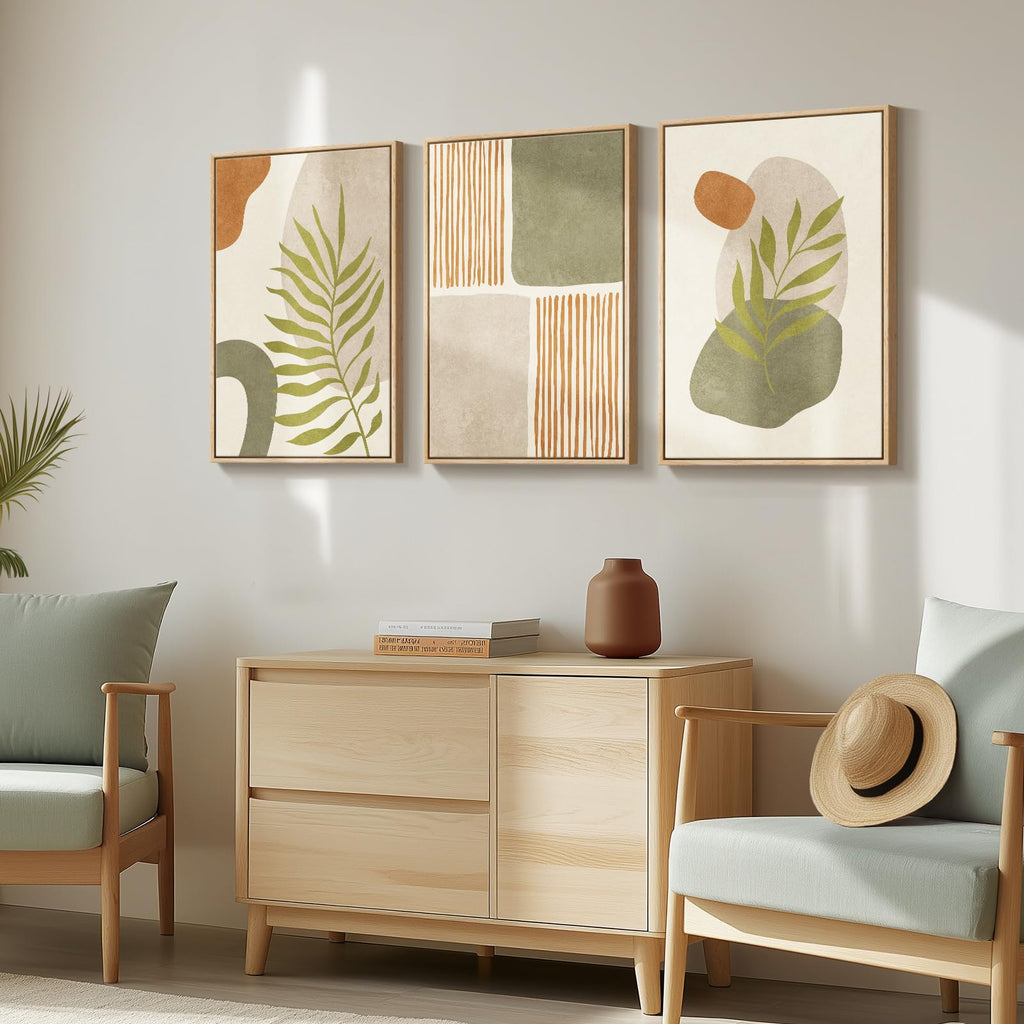 Framed Green Mid Century Modern Boho Abstract Wall Art Bedroom, 16x24 Inch