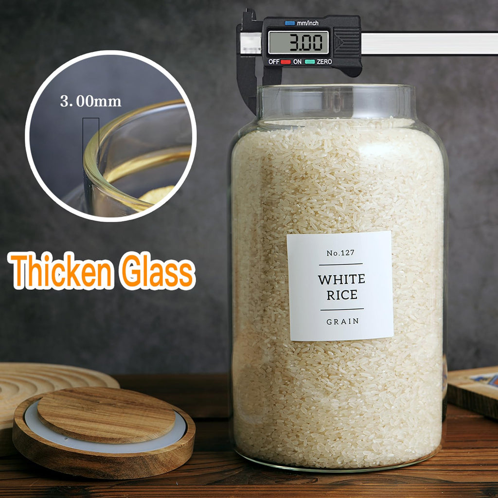Set of 2 Large Glass Jar with Airtight Acacia Lid and 132 Kitchen Pantry Labels, Clear Glass Food Storage Jars