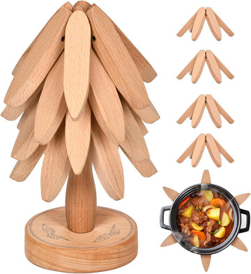 OKOM Wooden Trivets for Hot Dishes - 4+ Tree Shape Set, Foldable Hot Pot Holders Decor and Use (Beech) - Set of 5