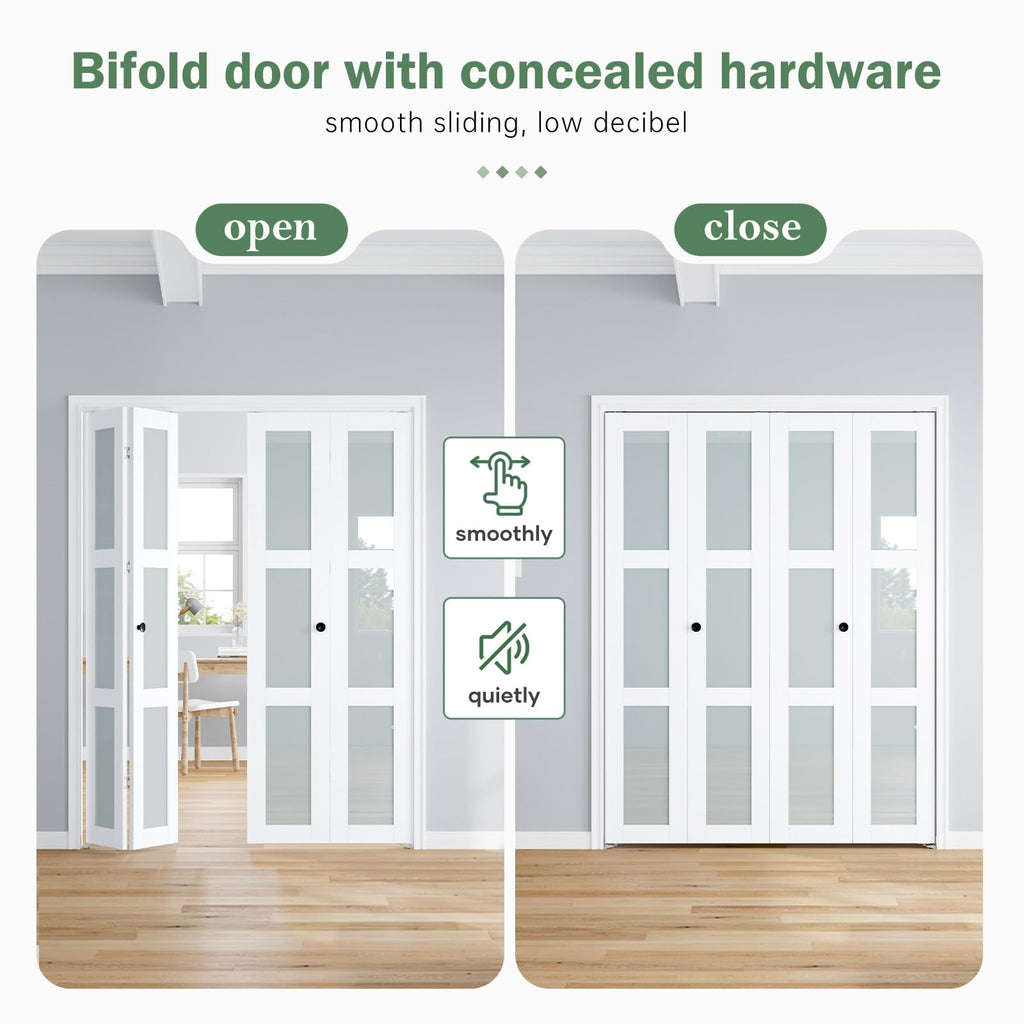 Bifold Doors for 60"×80-3/4" Opening, White Frosted Glass Folding Barn Door, Sliding Interior Wood Panel Closet