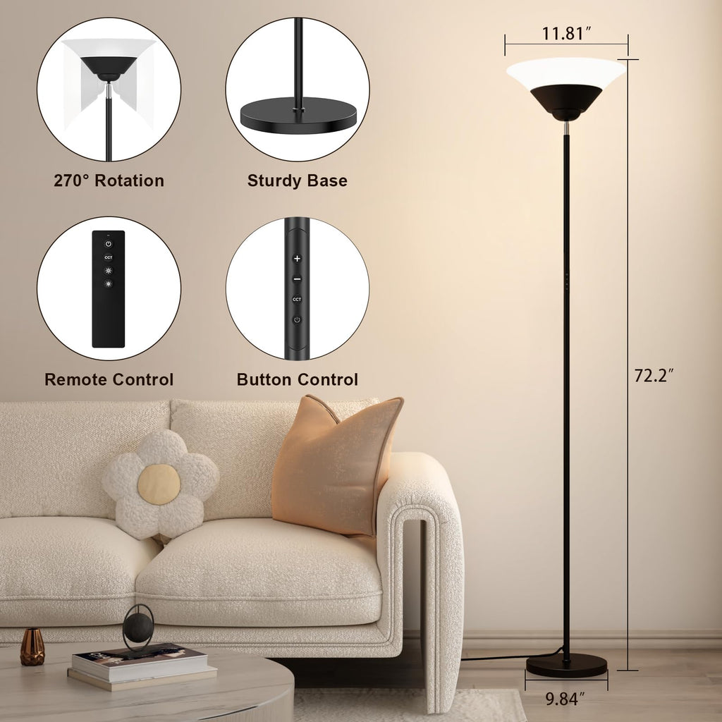 Floor Lamps, 72" Tall LED Standing Lamp with Remote/Button Control, 3000-6500K, 30W 1800LM Stepless Dimmable Modern