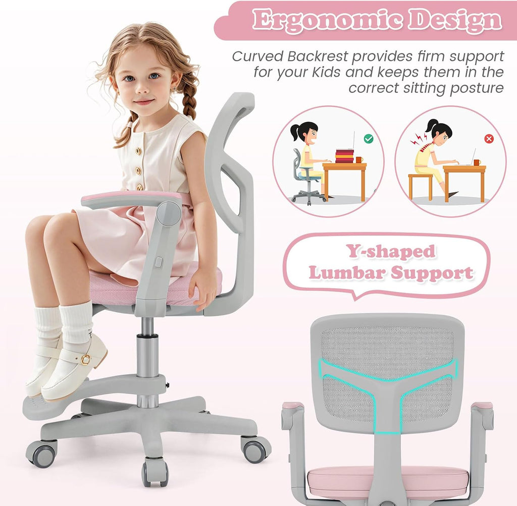 Kids Desk Chair, Ergonomic Adjustable Student Rolling Chair with Footrest & Flip-up Armrest, Mesh Children Office