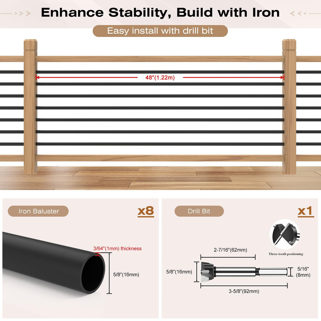 8 Pack 4 ft 5/8 Inch Round Iron Horizontal Stair Balusters, Black