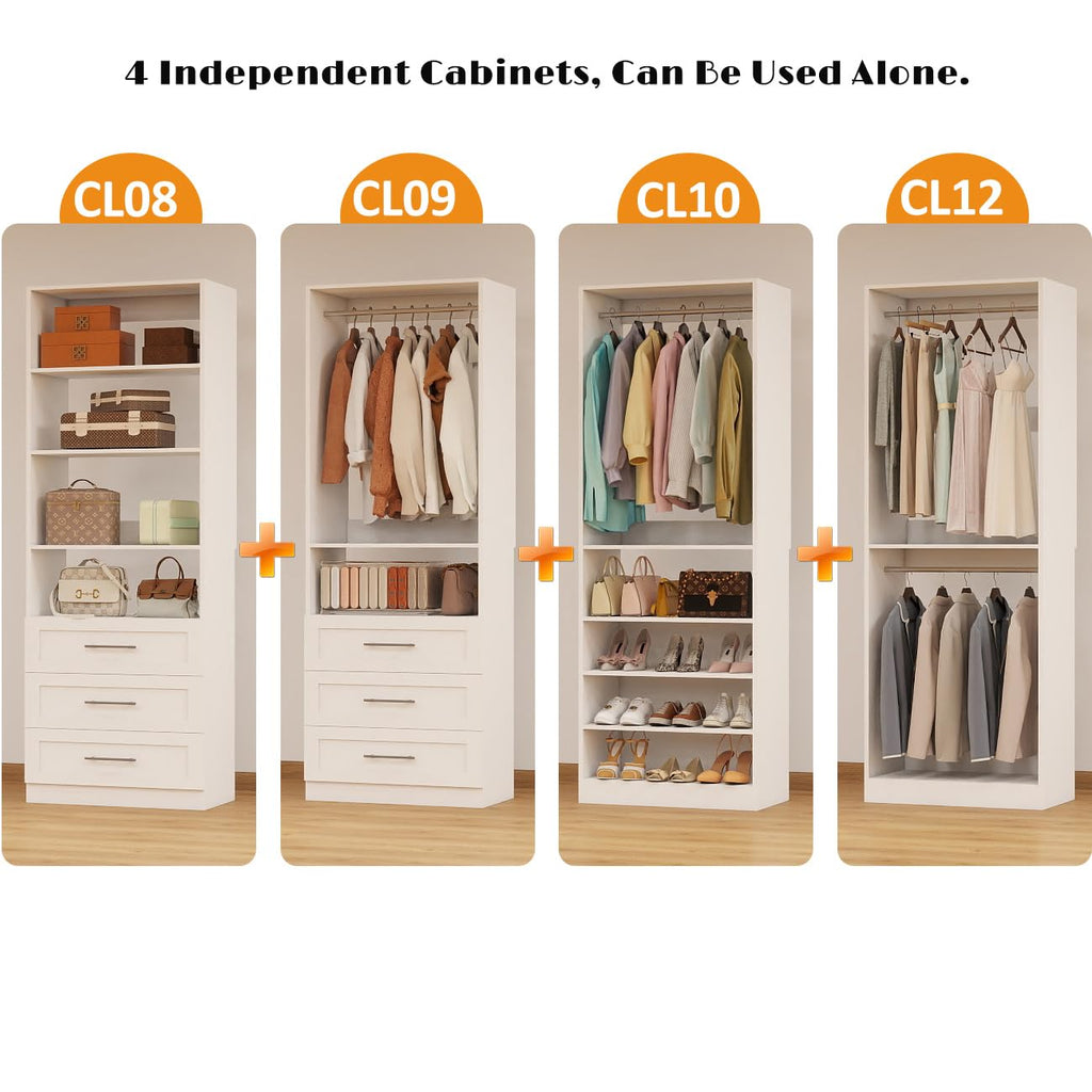 Closet System with 4 Sets, 8-21FT Closet Organizer Systems with 6 Drawers & 8 Hanging Rods & Adjustable Shelves, Walk
