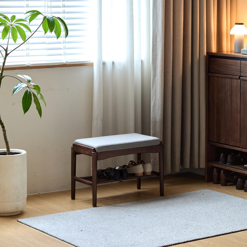 Black Walnut Shoe Bench Assembled, Solid Wood Shoe Rack Bench with Cushion, 11.8" x 23.6" x 16.5"