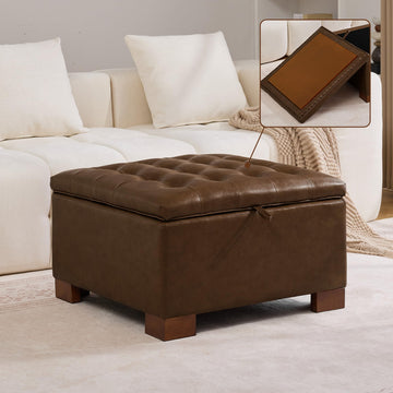 30" Faux Leather Square Storage Ottoman with Wooden Tray, Modern Tufted Button Footstool Coffee Table, Upholstered