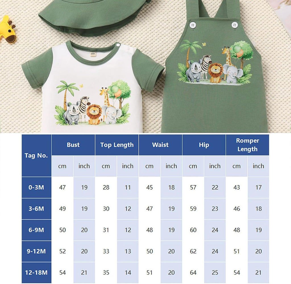 Baby Boy Jungle Safari Outfit, Baby Boys Tee + Shortall Set with Hat