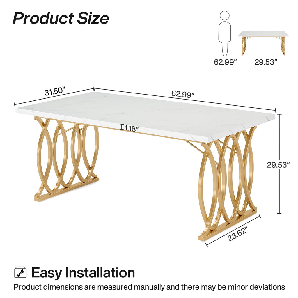 63" Dining Table for 4 to 6, White and Gold Kitchen Table
