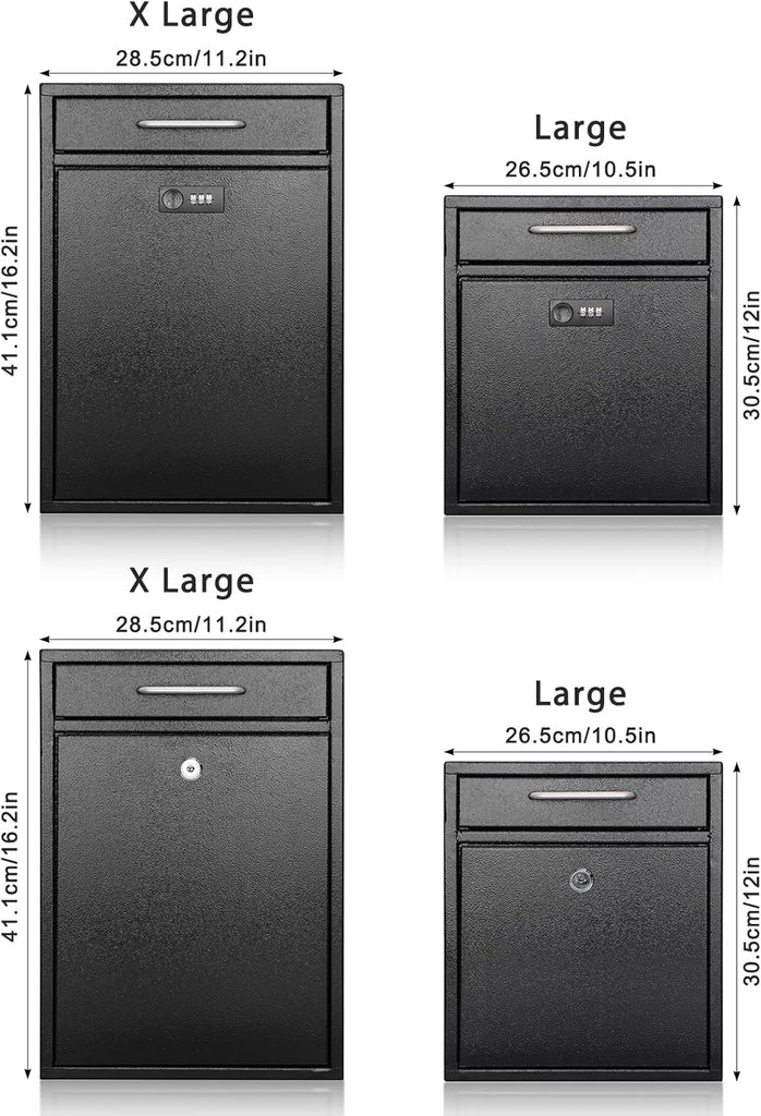 Steel Key Lock Mail Boxes Mailbox, Security Key Drop Box or Commercial, 12H x 10.5L x 4.6W Inches, Black Large