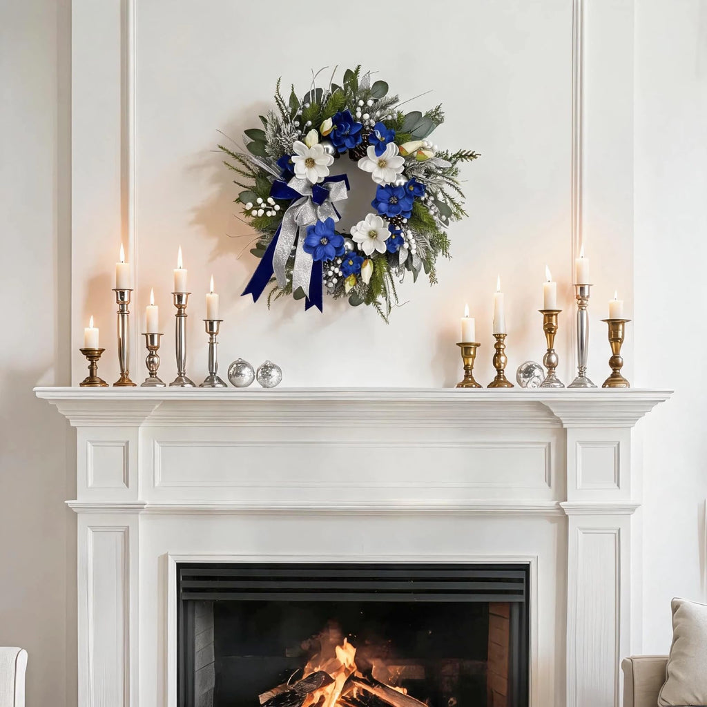 24 Inch Blue Magnolia Winter Door Wreath with Bow & Silver Ornaments