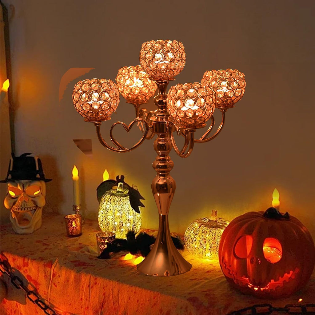 12 Sets Gold 5 Arms Candelabra Centerpiece,Metal Crystal Candlestick Holders Chandelier Crystal Beaded Candle Holder
