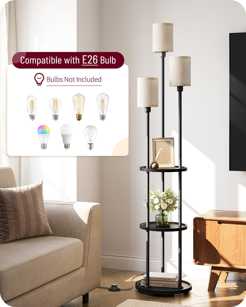 Floor Lamp with Shelves, 3-Light Floor Lamps, Modern Standing Lamp with Linen Shades and Foot Switch, 66.1'' Tall
