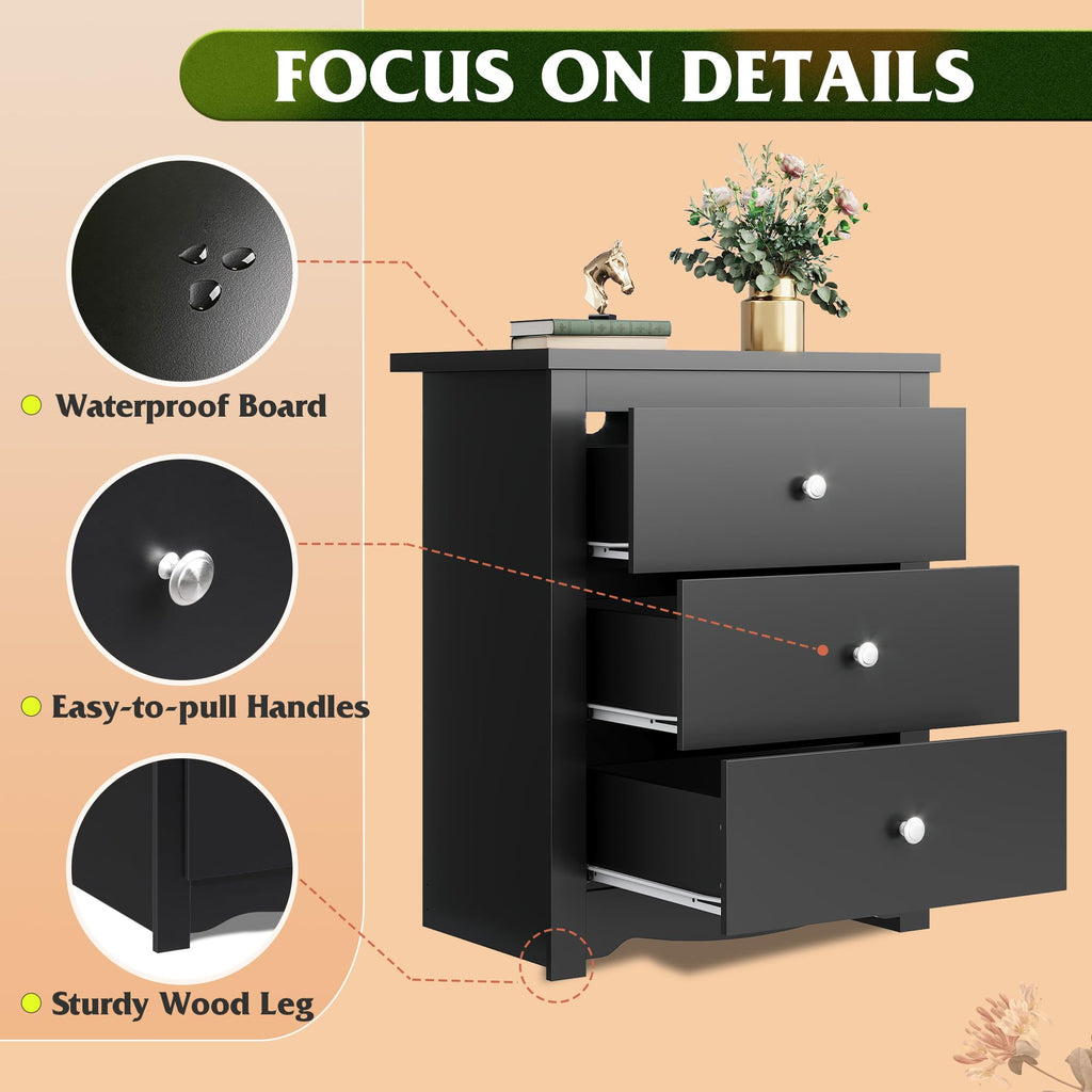 Tall Nightstand with Charging Station, Wood Bedside Table, Black