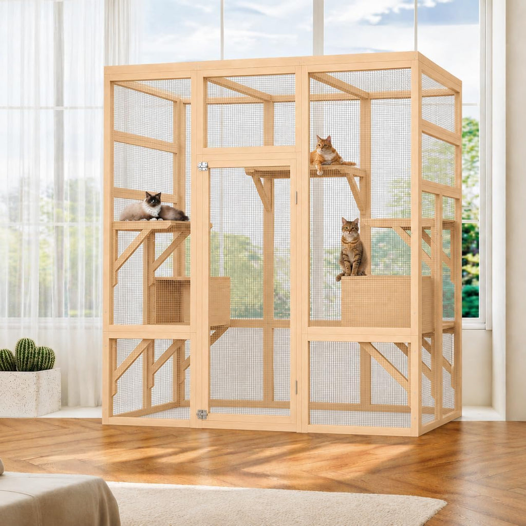 70" Walk-in Wooden Catio, Outdoor Cat Enclosure with Window Access, Natural