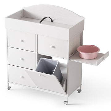 Baby Dresser with Changing Table Top, 4-Drawers Changing Table Dresser with Tile-Out Trash Cabinet and Pull-Out