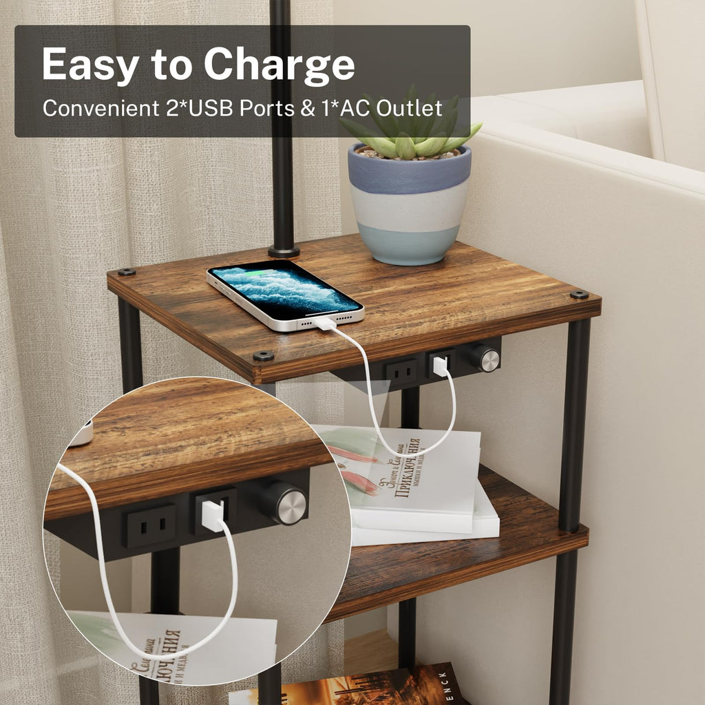 Floor Lamp with Table, Side Table with USB Charging Port and Outlet, Modern Bedside Nightstand End Table with Floor