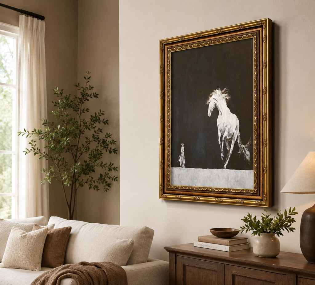 Large Framed Minimalist Black White Horse Abstract Animal Canvas Wall Art