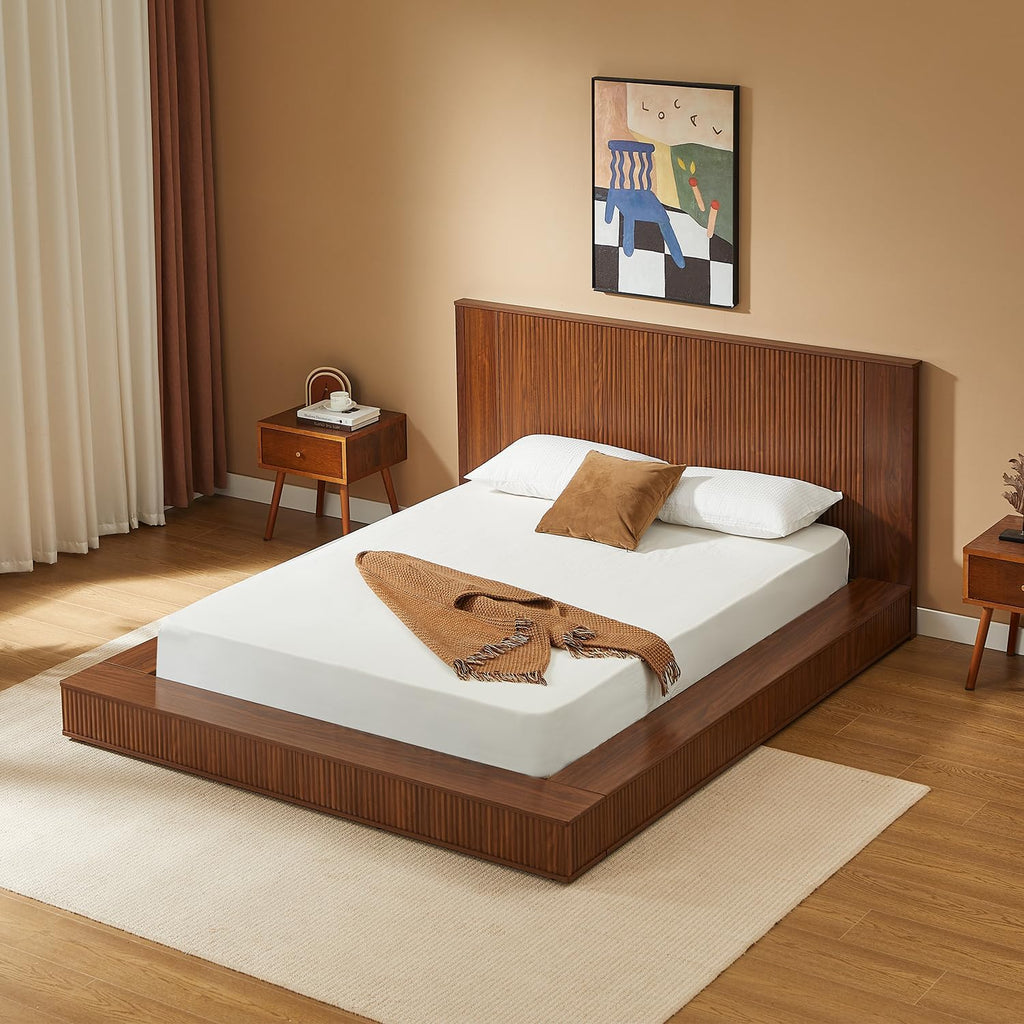 Floor Wooden Bed Frames with Walnut Headboard (Walnut)
