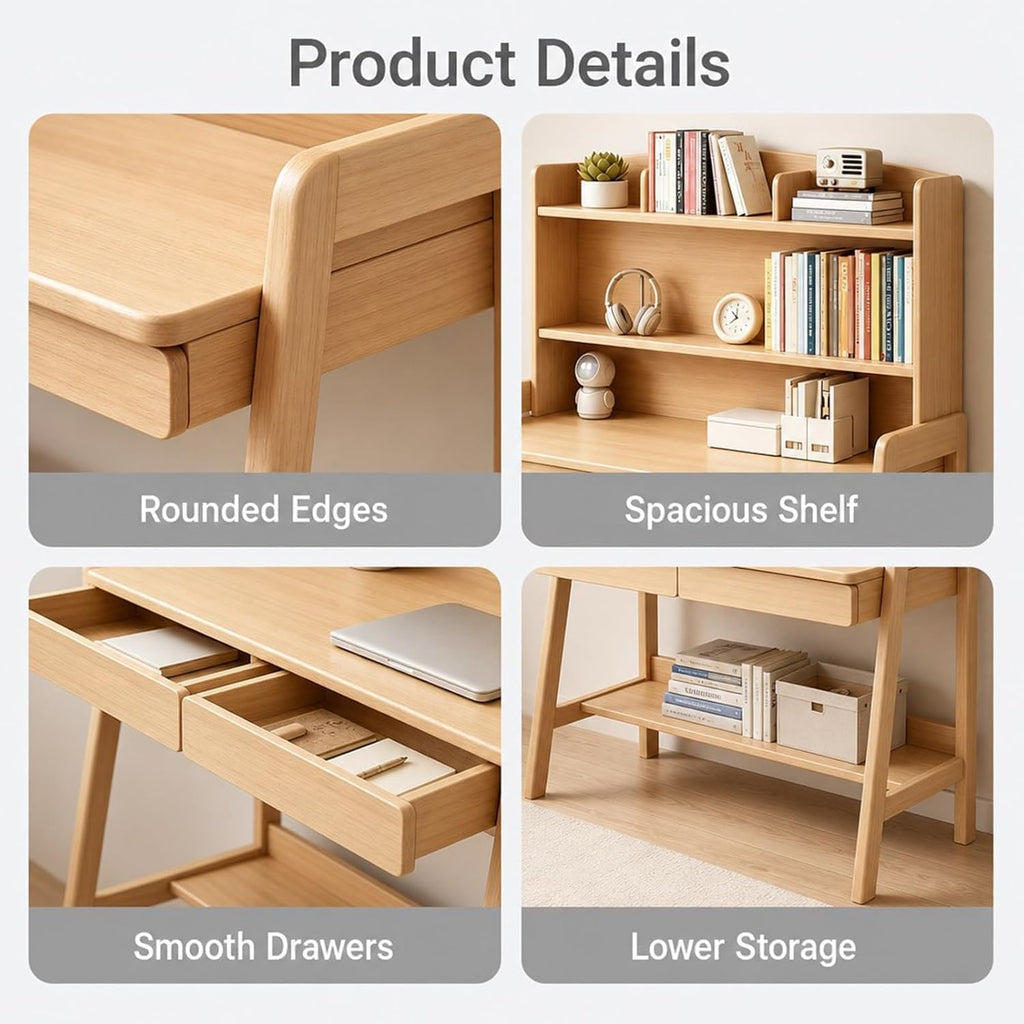 Kids Study Desk with Hutch and Storage Drawers, Level Height Adjustable Children's Writing Table with 2 Drawers