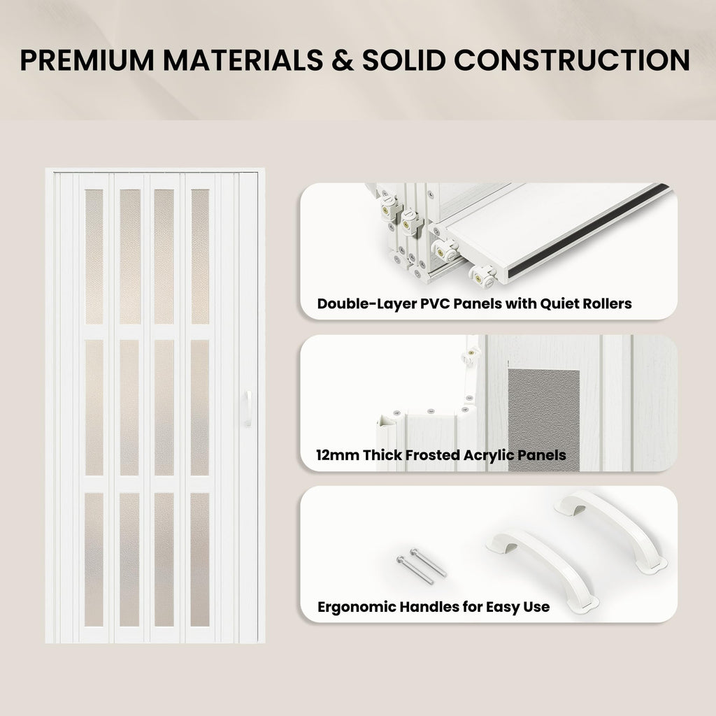 36" x 80" Accordion Doors with Frosted Acrylic Glass, White
