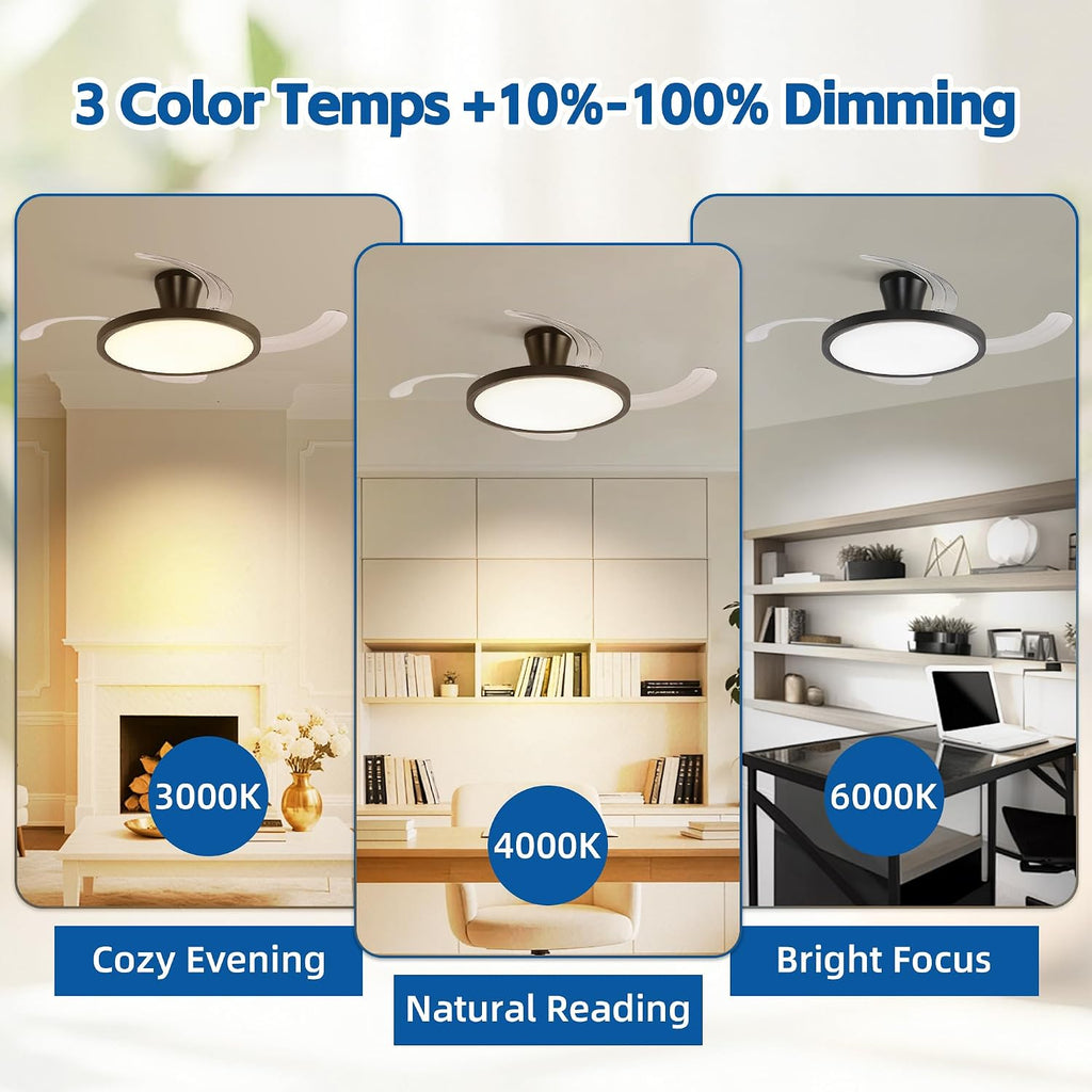 48 inch Black Slim Retractable Ceiling Fan with Light, Low Ceiling