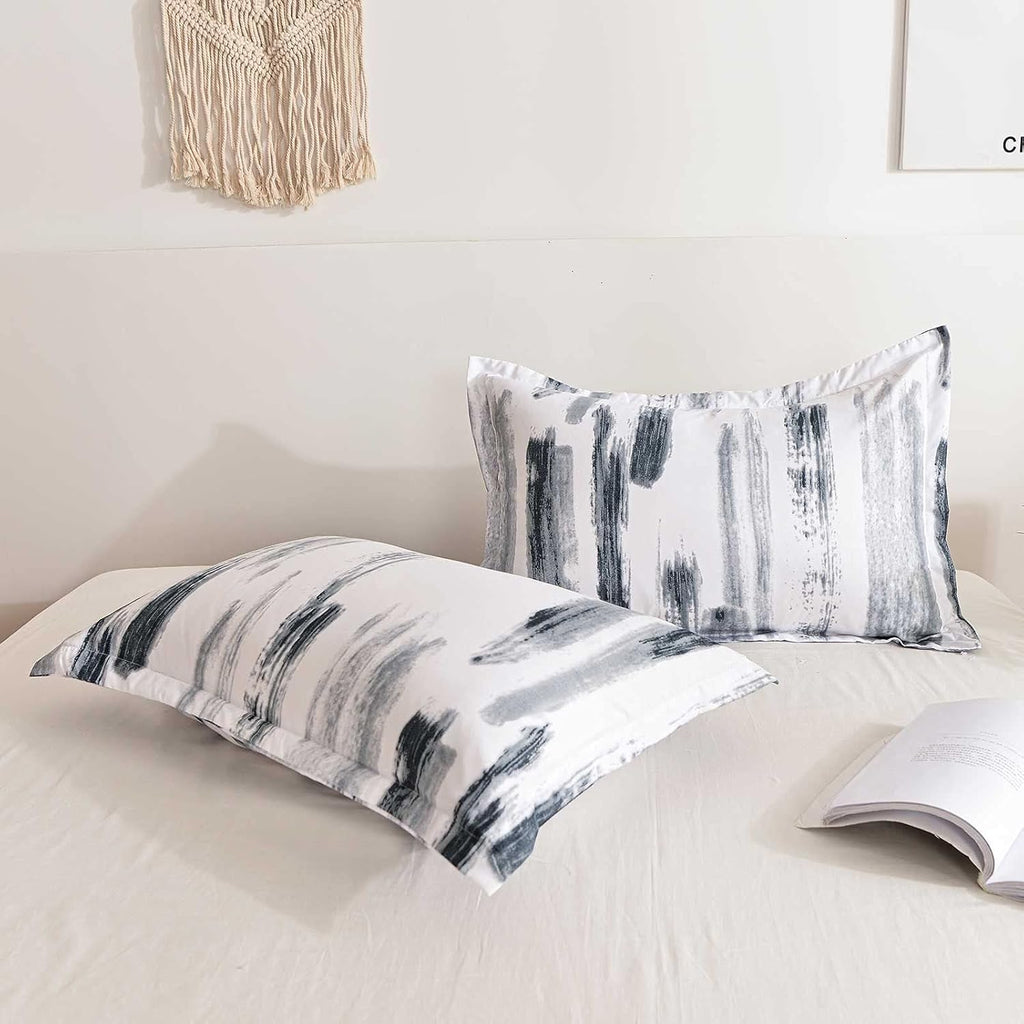 Queen Comforter Set 3pc, Art Grey White Printed Pattern Reversible Down Alternative Microfiber Bedding