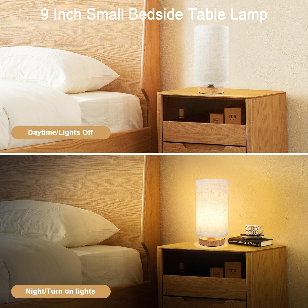 Small Bedside Table Lamp set of 2, Minimalist Wood Base & Round Fabric Shade, Mini Cute Cozy Warm Nightstand Boho Lamp