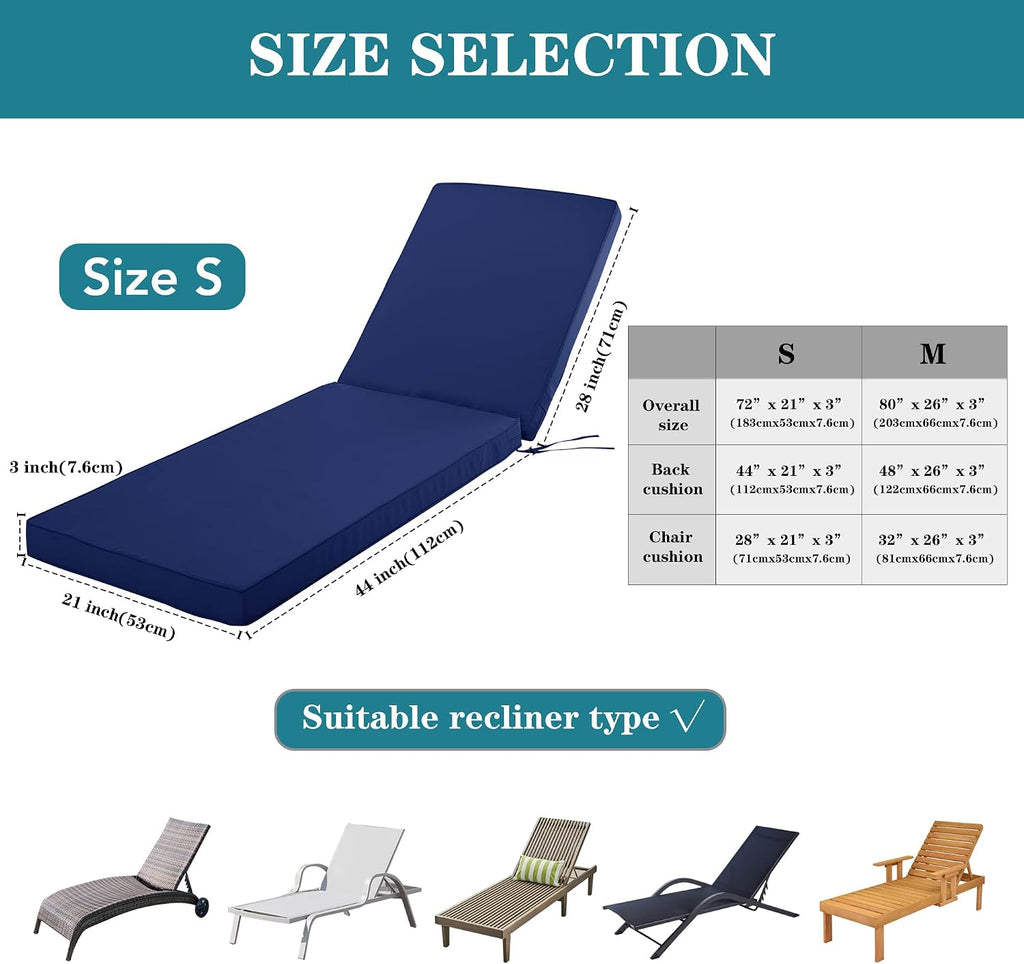 Chaise Lounge Cushions Outdoor, 72x21x3 Inch, Navy | Waterproof Fade and Tear Resistant Lounge Deck Chair Cushions