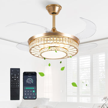 42" Retractable Ceiling Fans with Lights, Crystal Chandelier Ceiling Fan with Remote & APP Control, Modern Dimmable