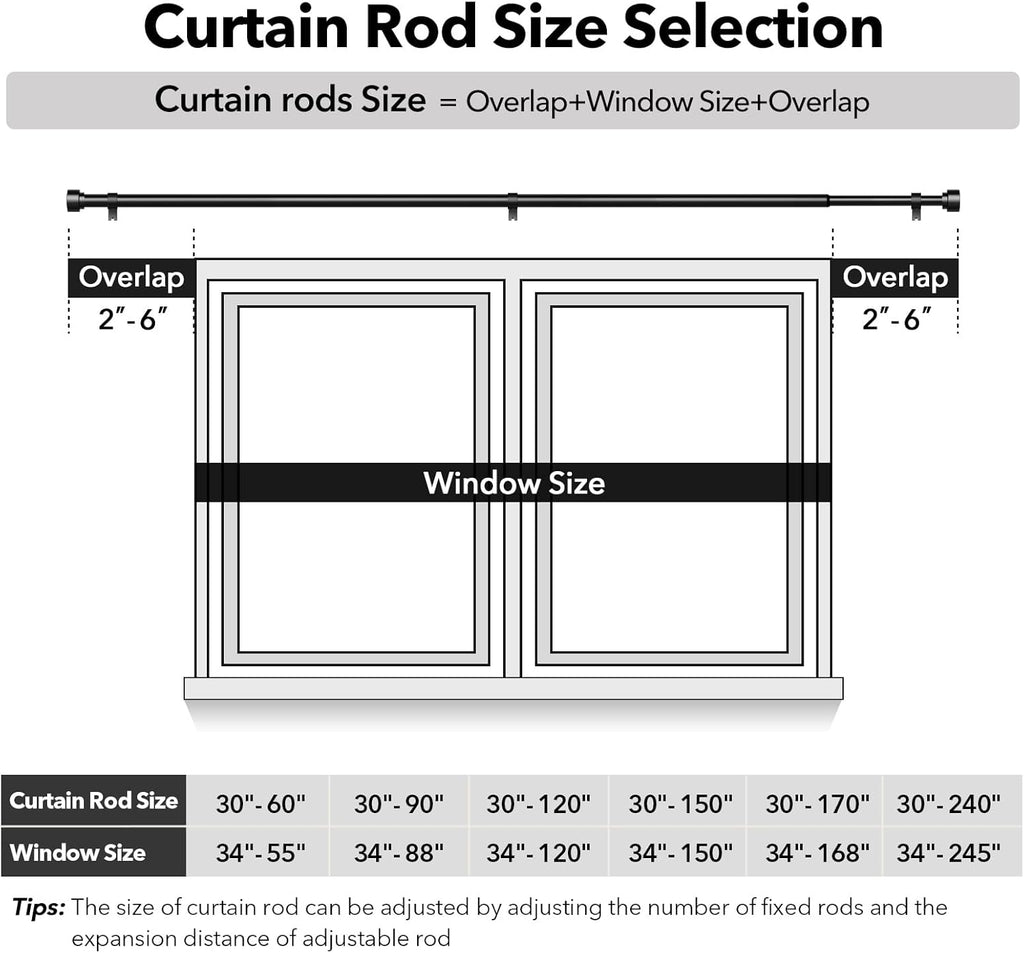 Heavy Duty Curtain Rods for Windows,1 Inch Adjustable Black Curtain Rod with Easy Installation and