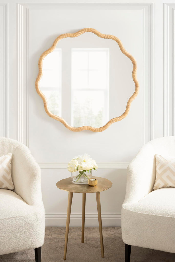 Rahfy Boho Scalloped Round Rattan Mirror, 32 Inch Diameter, Natural Wood, Decorative Round Wavy Mirror with Authentic