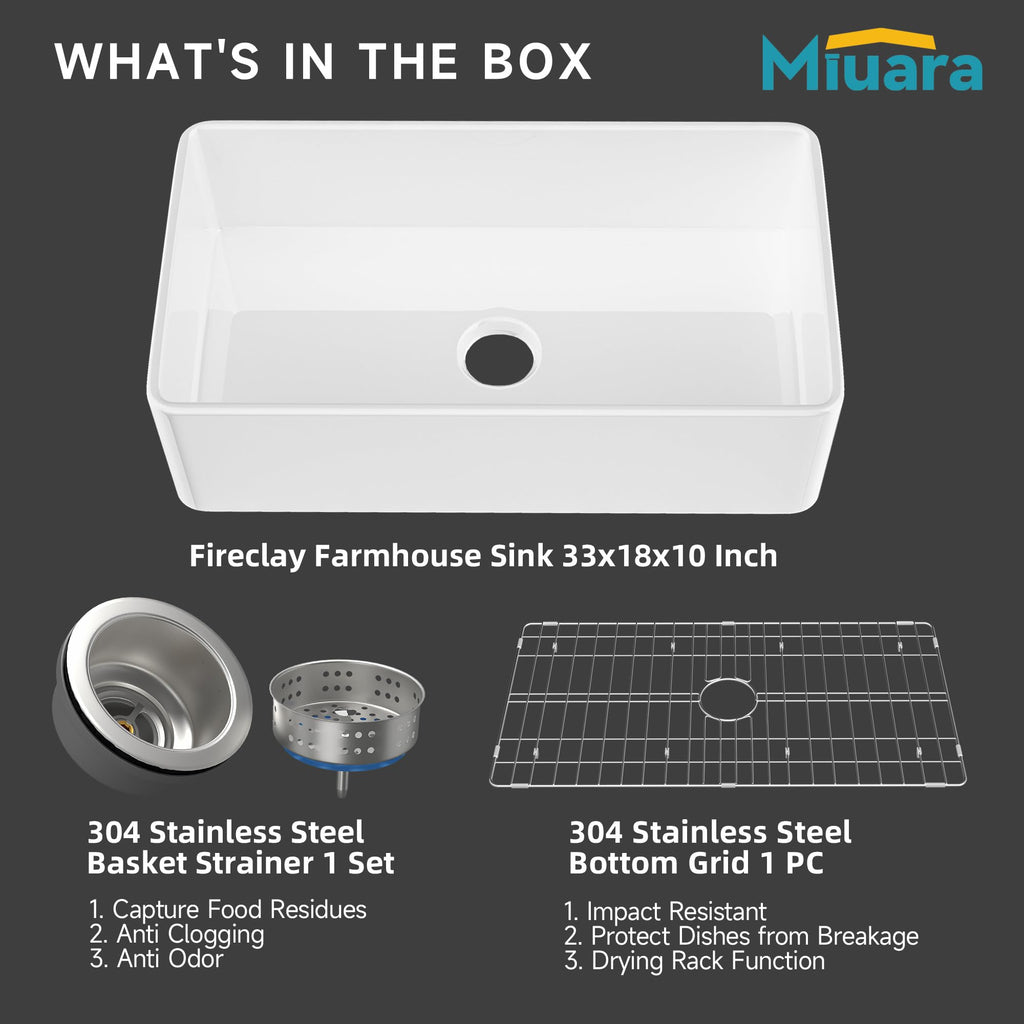 Farmhouse Sink 33 x 18 Inch White Fireclay Apron Front Kitchen Sink