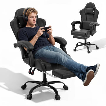 Gaming Chair, Footrest & Lumbar Support, Height Adjust, Black