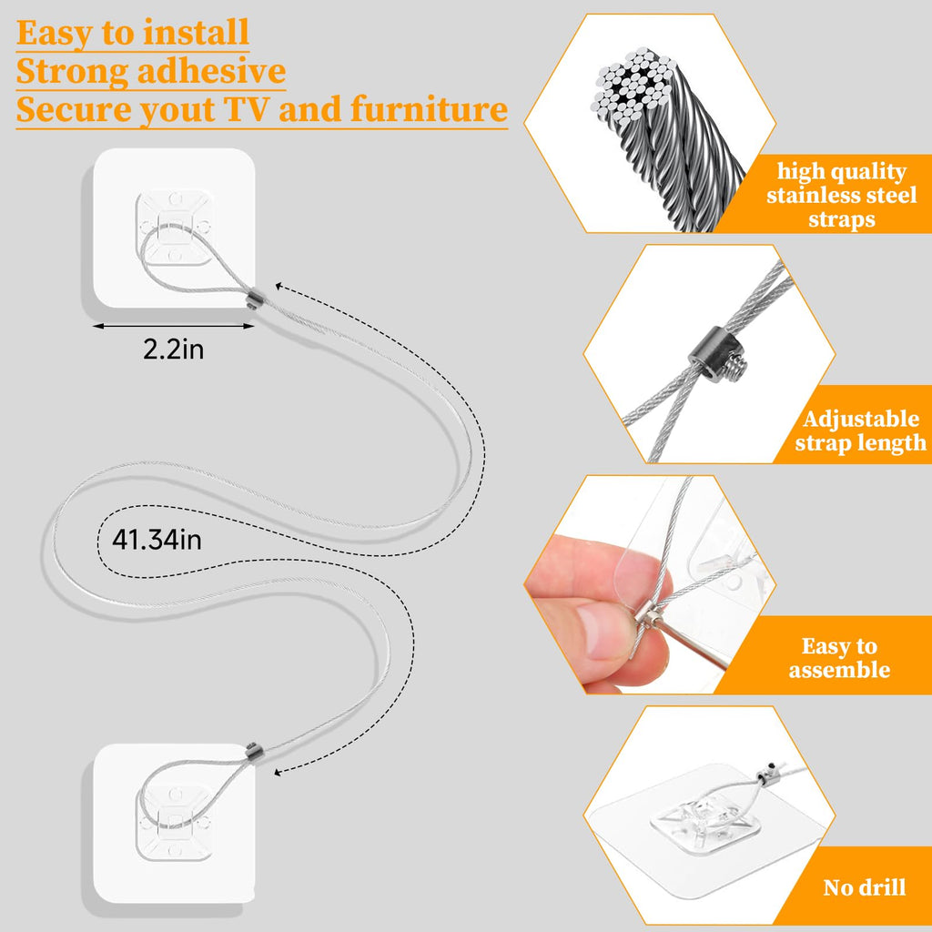 6 Pack Adjustable TV Safety Straps Stainless Steel, No-Drill Adhesive Anti-Tip Furniture Wall Anchors, Secure Flat