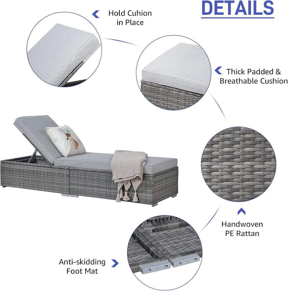 Outdoor Patio Chaise Lounge Chair Set of 2, Grey Wicker, Light Grey